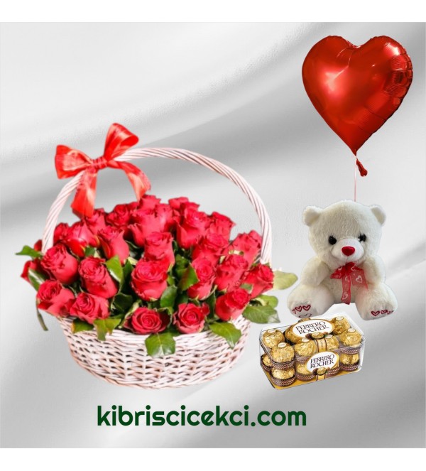 Sepette 33 Kırmızı Gül Ayıcık 16'lı Ferrero Çikolata Kalp Helyum Balon